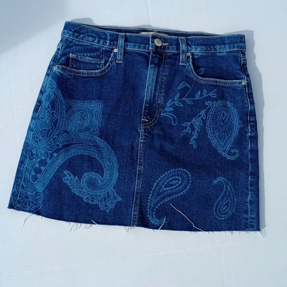 Size 10 Waist 30 Hudson Viper Paisley Cut Off Raw Hem Mini Indigo Jean Skirt